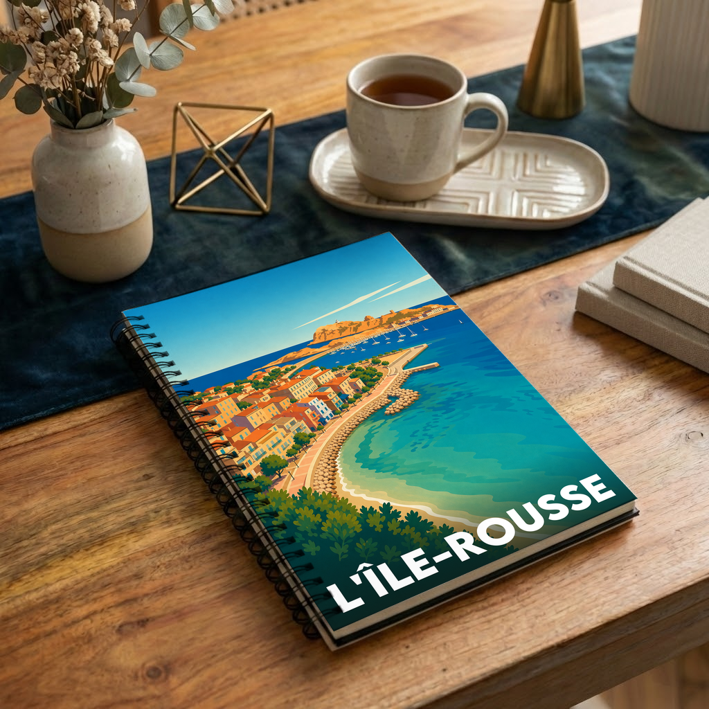 Carnet souvenir de la ville de L'Île-Rousse avec une illustration stylisée.