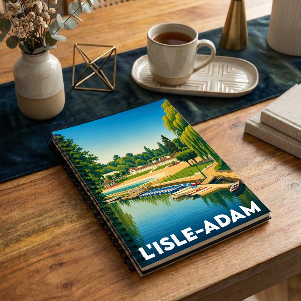 Carnet souvenir de la ville de L'Isle-Adam avec une illustration stylisée de sa plage fluviale.