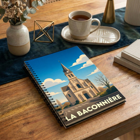 Carnet à spirales souvenir de la ville de La Baconnière avec une illustration stylisée de son église.