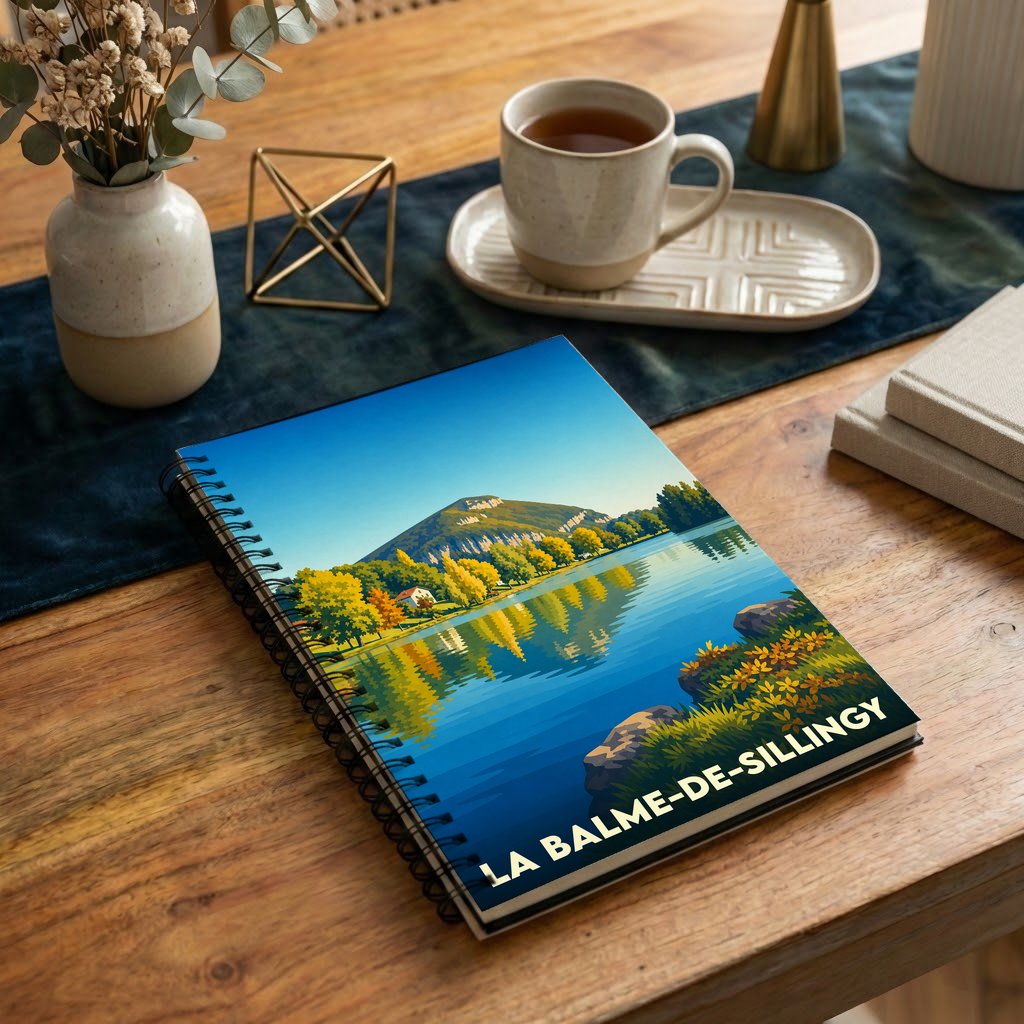 Carnet souvenir de la ville de La Balme-de-Sillingy avec une illustration stylisée d'un lac de montagne.