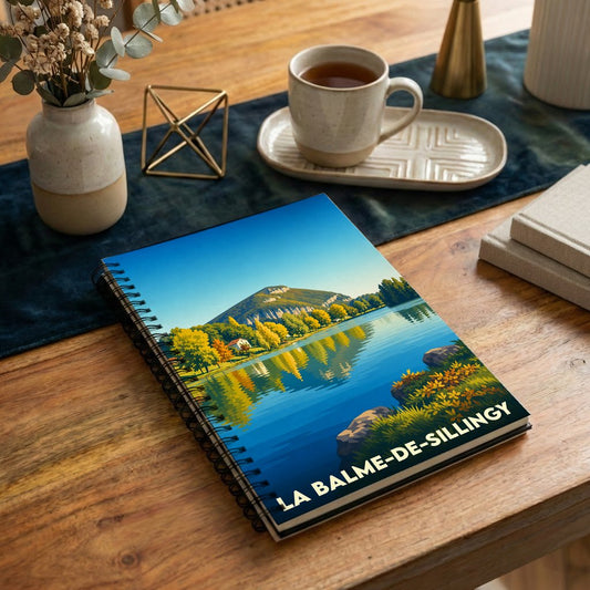 Carnet à spirales souvenir de la ville de La Balme-de-Sillingy avec une illustration stylisée de son lac et des montagnes.