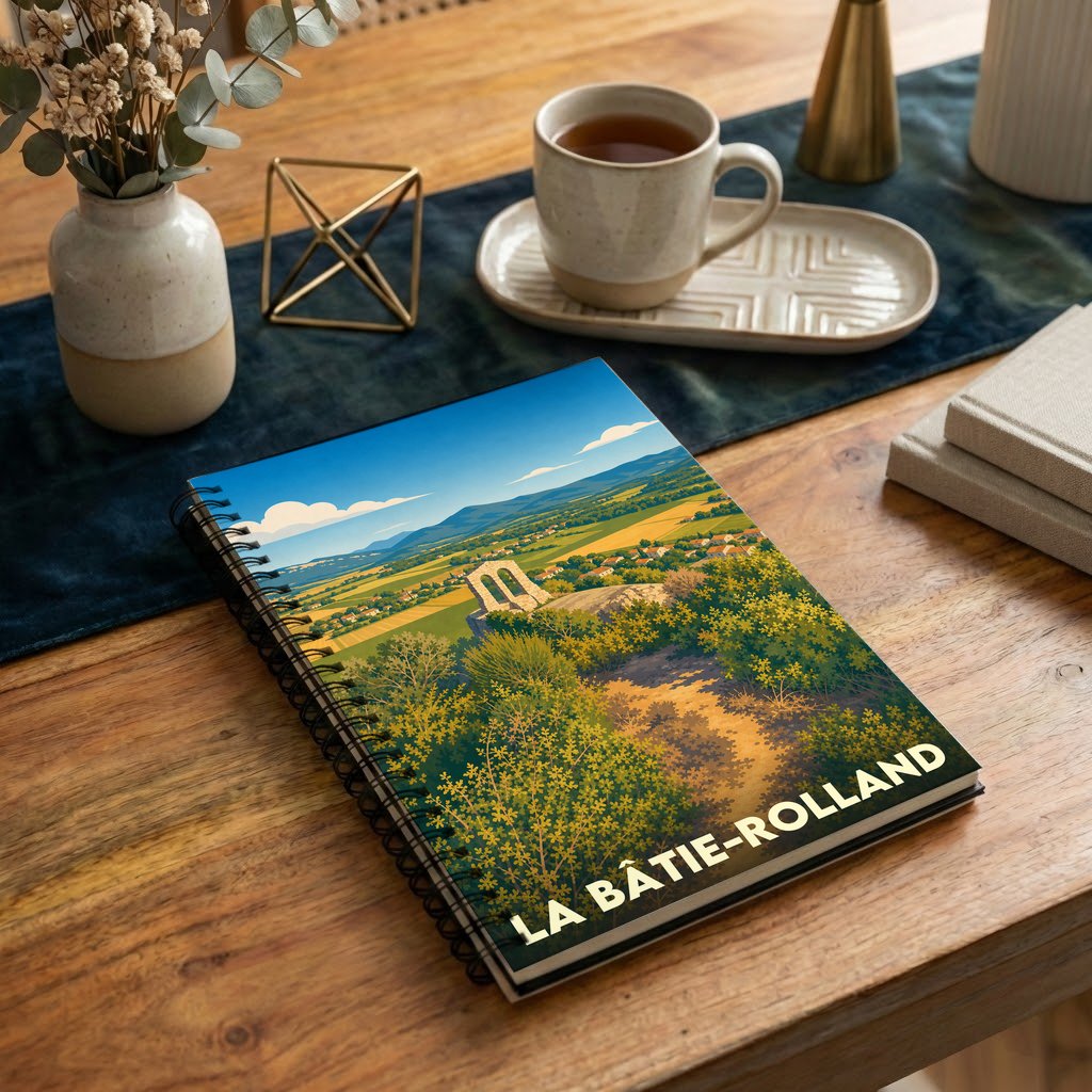Carnet à spirales souvenir de la ville de La Bâtie-Rolland avec une illustration de paysage stylisée.