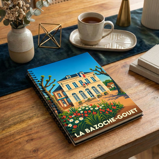 Carnet à spirales souvenir de la ville de La Bazoche-Gouet avec une illustration colorée et stylisée de la mairie.