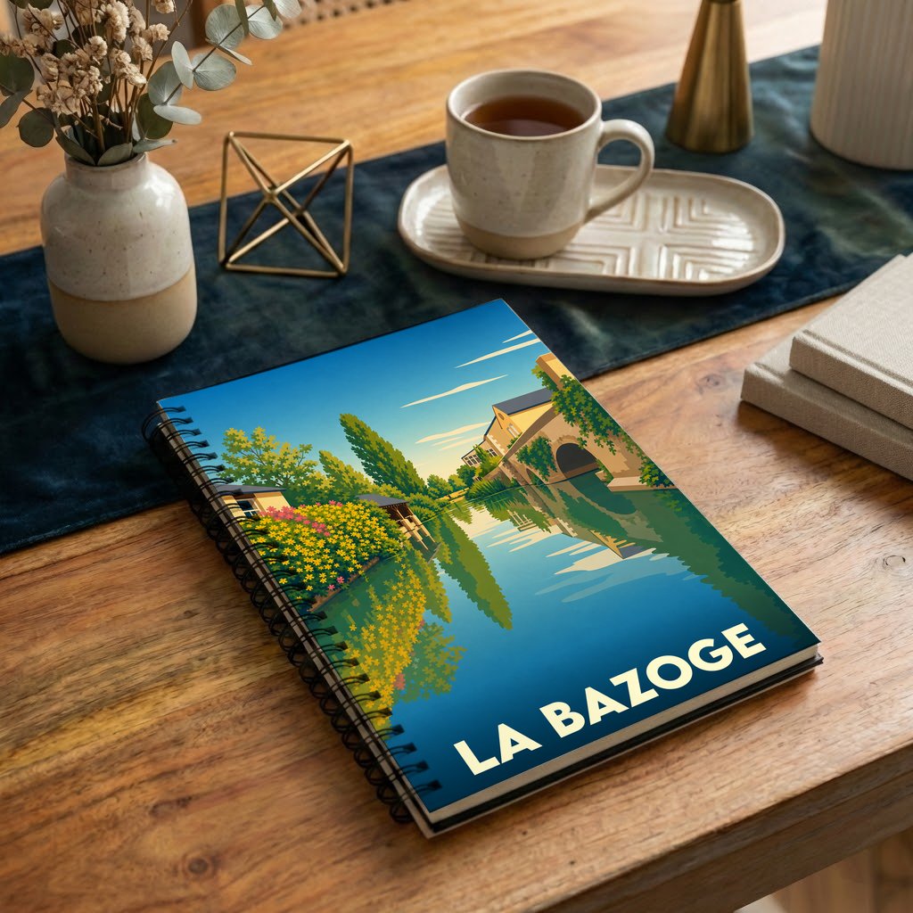 Carnet à spirales souvenir de la ville de La Bazoge illustré par un paysage fluvial stylisé.