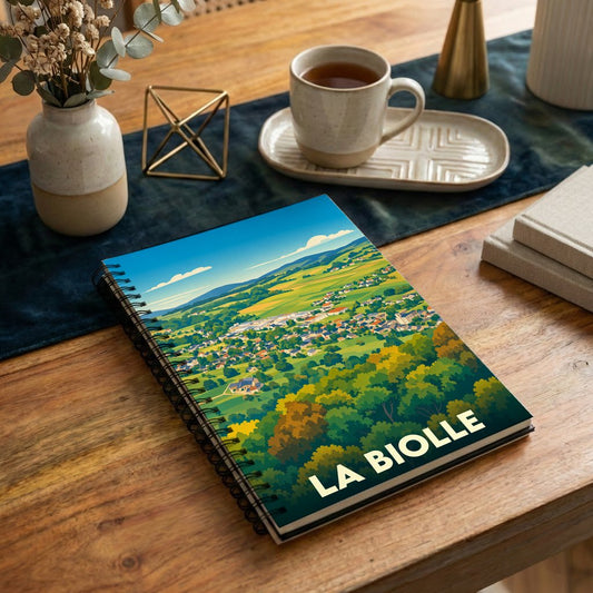 Carnet à spirales souvenir de la ville de La Biolle avec une illustration de paysage stylisée.