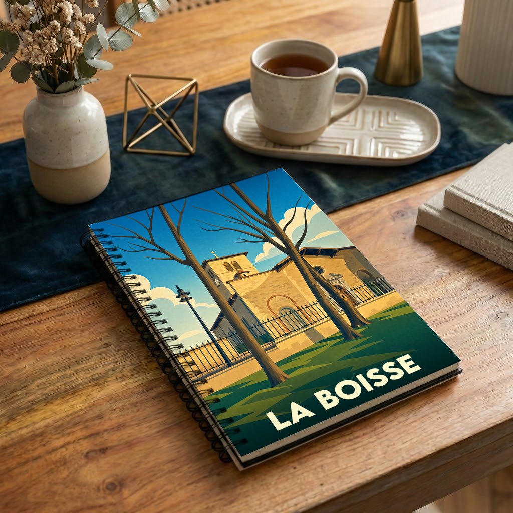 Carnet à spirales souvenir de la ville de La Boisse avec une illustration stylisée de son église.