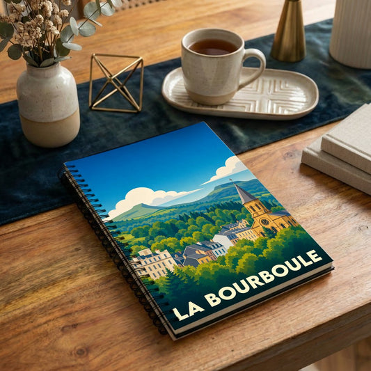 Carnet à spirales souvenir de la ville de La Bourboule avec une illustration de style affiche rétro.
