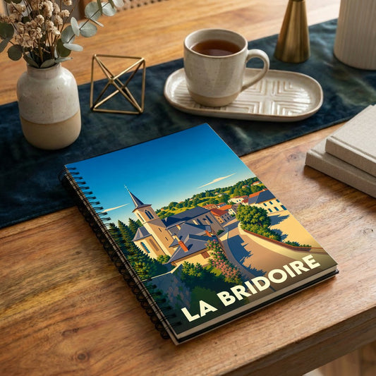 Carnet à spirales souvenir de la ville de La Bridoire avec une illustration stylisée.