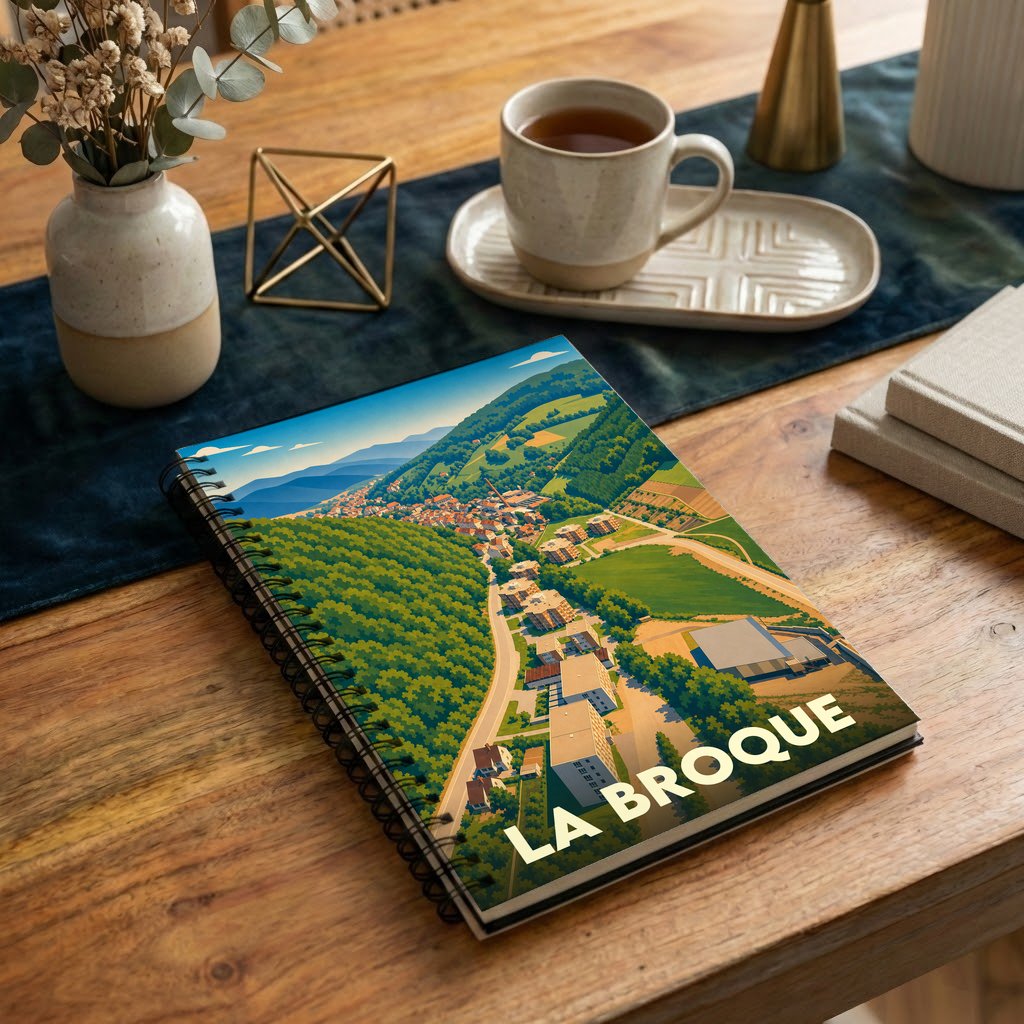 Carnet souvenir de la ville de La Broque avec une illustration stylisée d'un paysage de montagne.