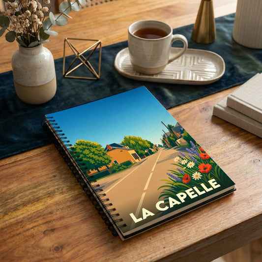 Carnet à spirales souvenir de la ville de La Capelle avec une illustration stylisée.