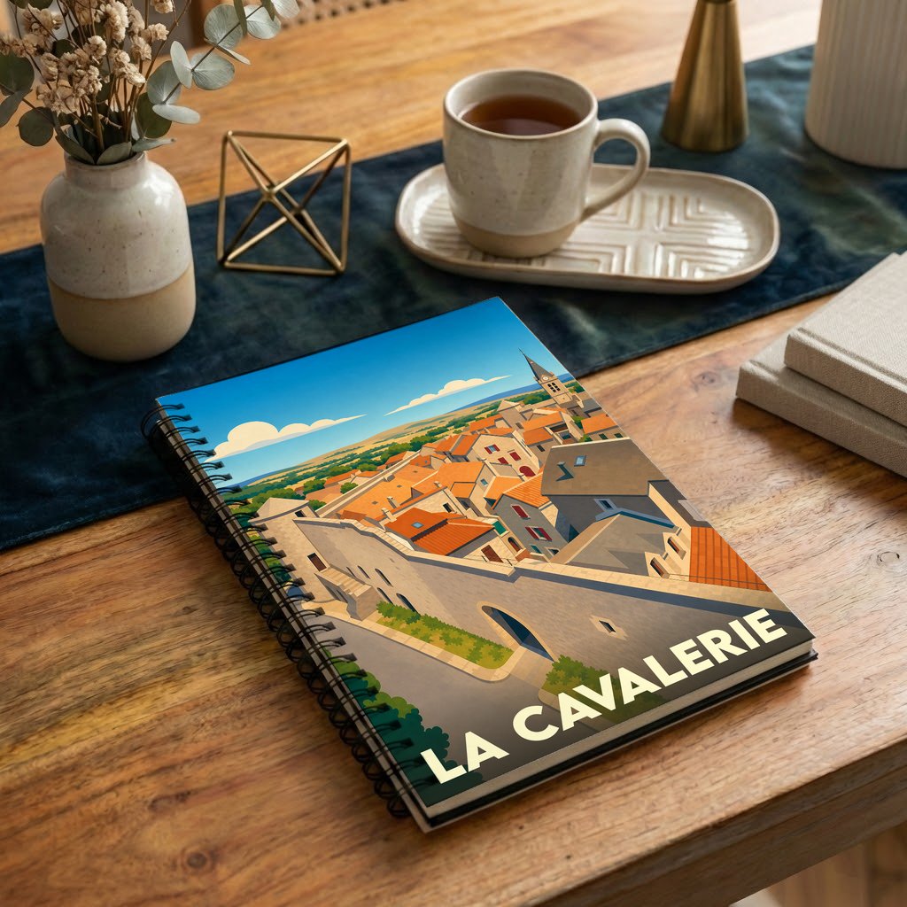 Carnet à spirales souvenir de la ville de La Cavalerie avec une illustration stylisée.