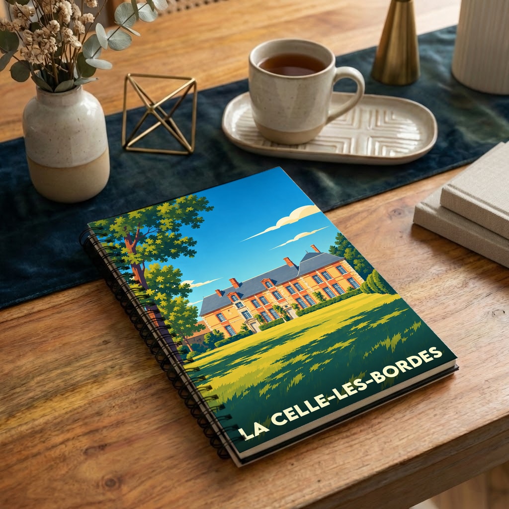 Carnet de notes à spirales souvenir de la ville de La Celle-les-Bordes avec une illustration stylisée d'un château.