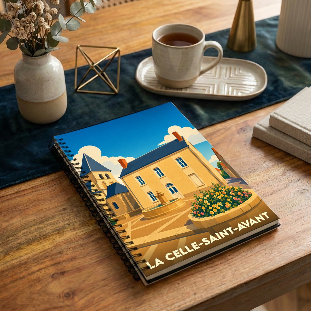 Carnet à spirales souvenir de la ville de La Celle-Saint-Avant avec une illustration stylisée d'une place ensoleillée.