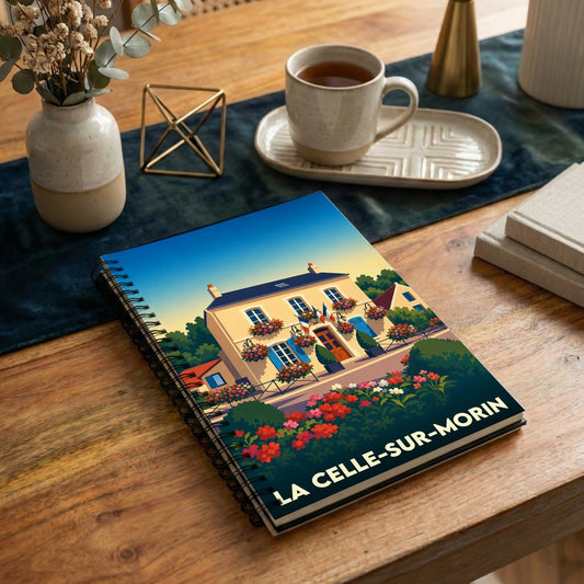 Carnet souvenir de la ville de La Celle-sur-Morin avec une illustration stylisée d'une maison fleurie.