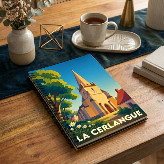 Carnet souvenir à spirale de la ville de La Cerlangue avec une illustration stylisée de son église.