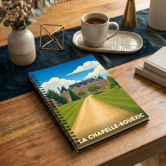 Carnet souvenir de la ville de La Chapelle-Bouëxic avec une illustration stylisée de son château.