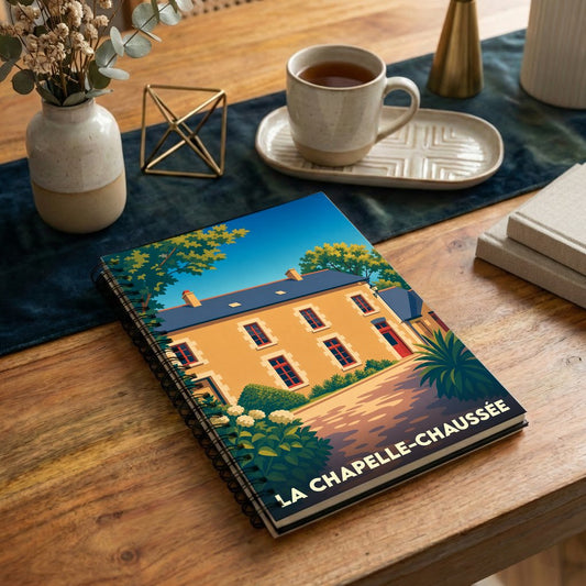Carnet à spirales souvenir de la ville de La Chapelle-Chaussée avec une illustration stylisée d'une maison traditionnelle.