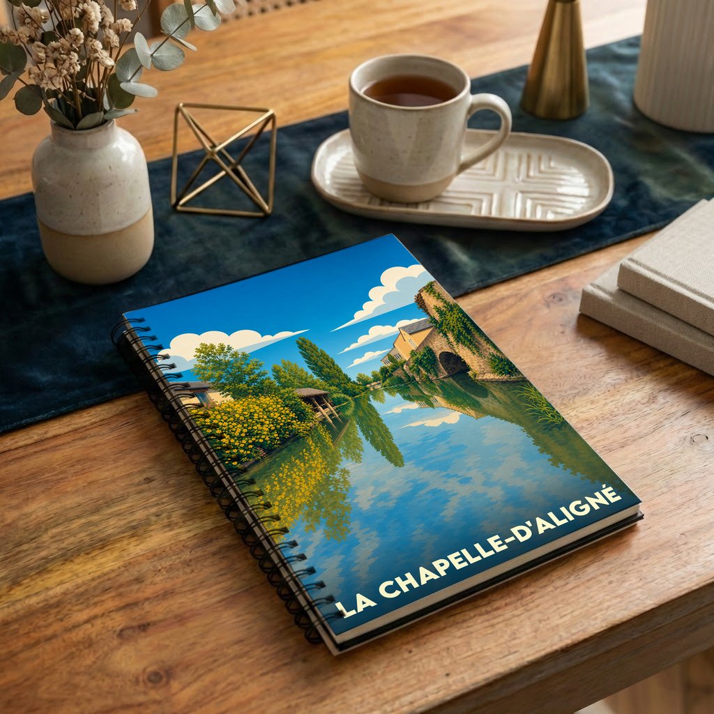 Carnet de notes souvenir de la ville de La Chapelle-d'Aligné avec une illustration stylisée de son paysage fluvial.