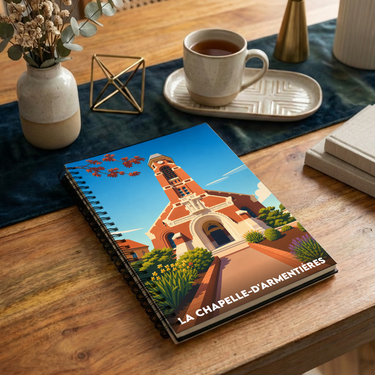Carnet à spirales souvenir de La Chapelle-d'Armentières avec une illustration stylisée de son église.