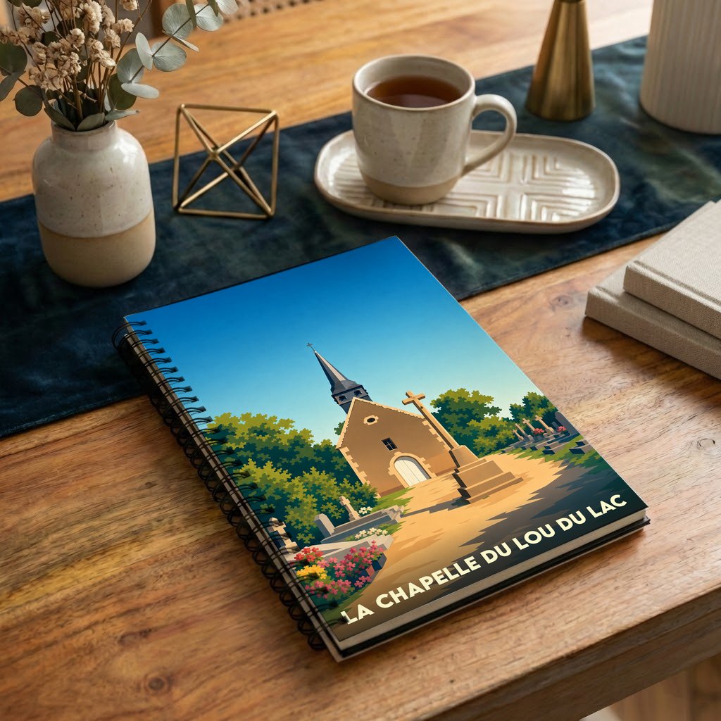 Carnet souvenir de La Chapelle-du-Lou-du-Lac avec une illustration stylisée de son église.