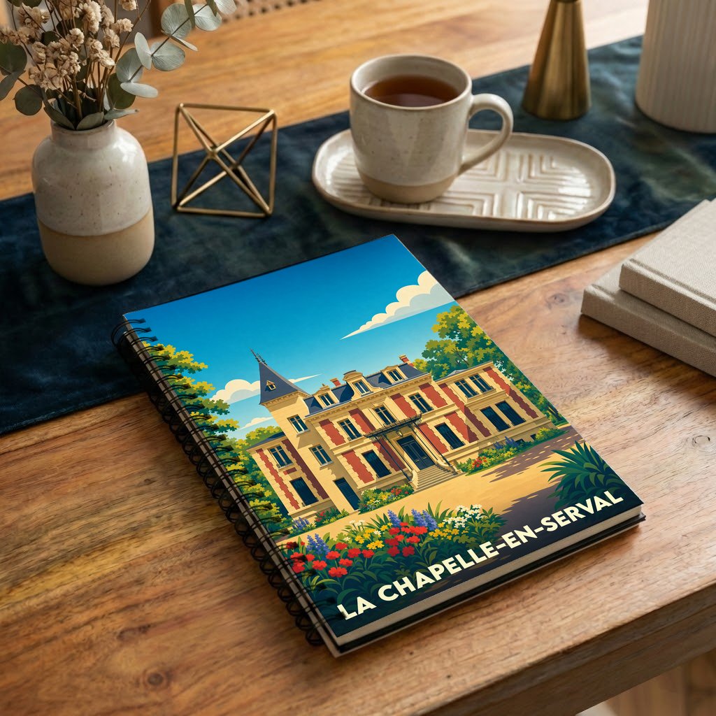 Carnet à spirales souvenir de la ville de La Chapelle-en-Serval avec une illustration stylisée d'une demeure bourgeoise.
