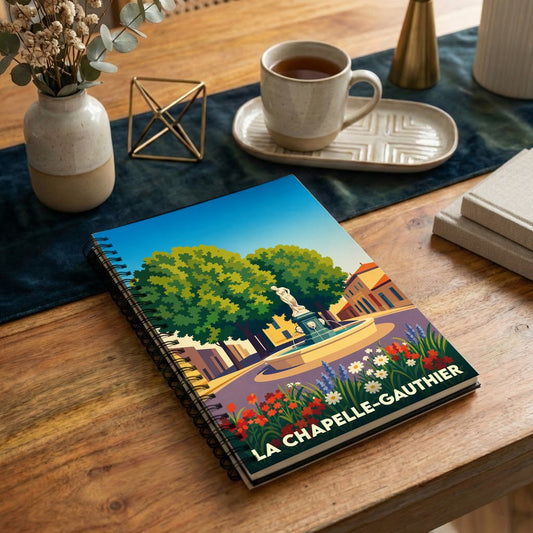 Carnet à spirales souvenir de la ville de La Chapelle-Gauthier avec une illustration stylisée d'une fontaine de village.