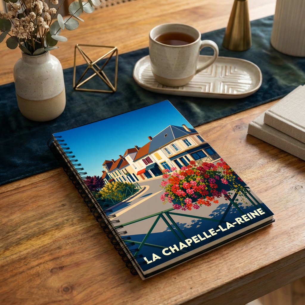 Carnet à spirales souvenir de la ville de La Chapelle-la-Reine avec une illustration stylisée et colorée.