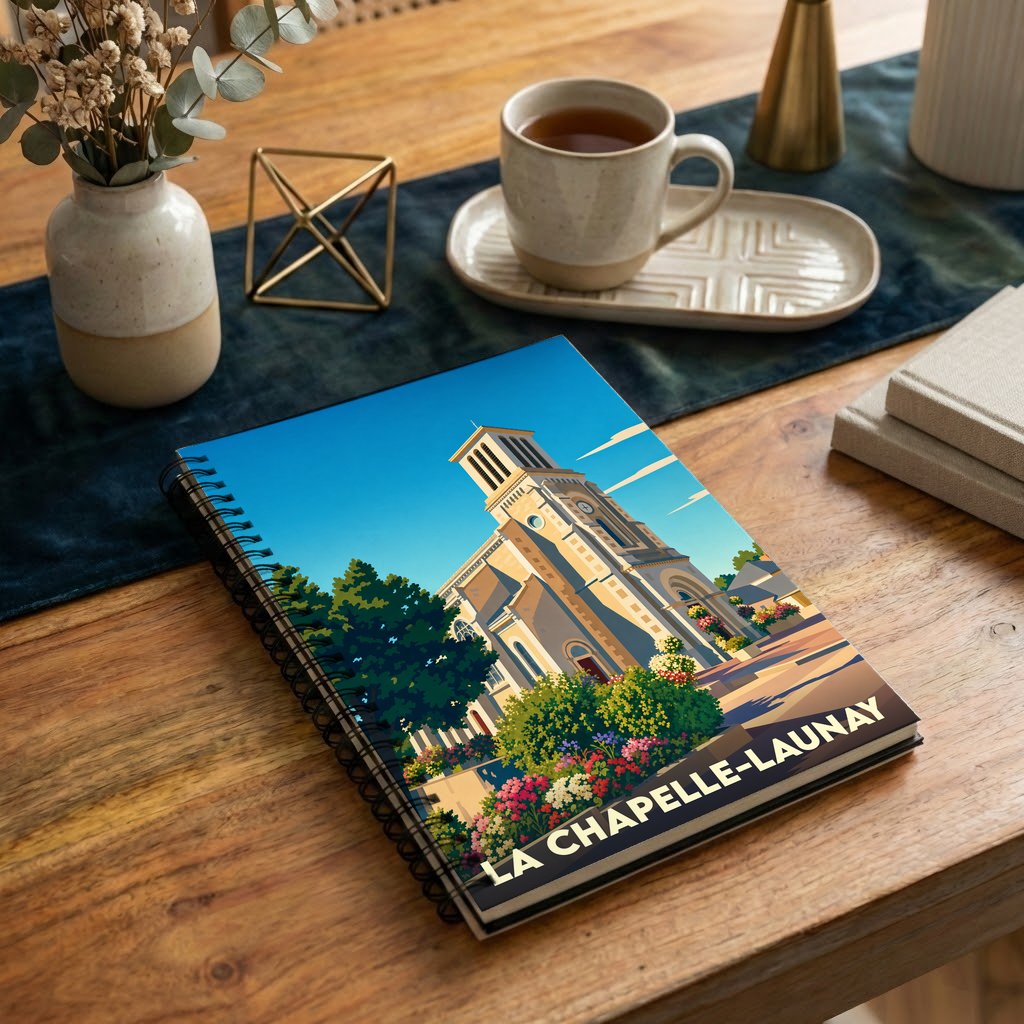Carnet à spirale souvenir de la ville de La Chapelle-Launay avec une illustration stylisée de son église.