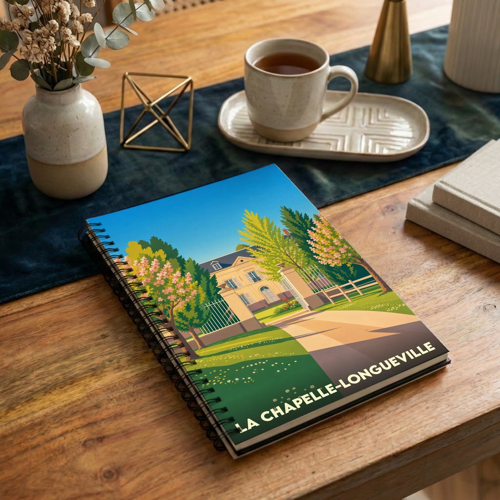 Carnet souvenir de la ville de La Chapelle-Longueville avec une illustration stylisée d'un manoir fleuri.