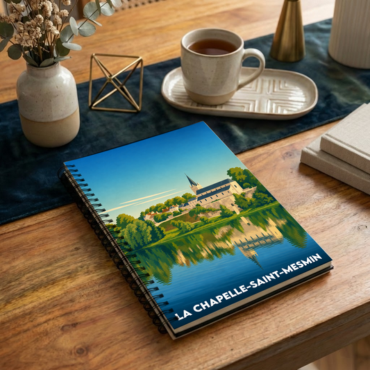Carnet souvenir de la ville de La Chapelle-Saint-Mesmin avec une illustration stylisée de son patrimoine au bord de l'eau.