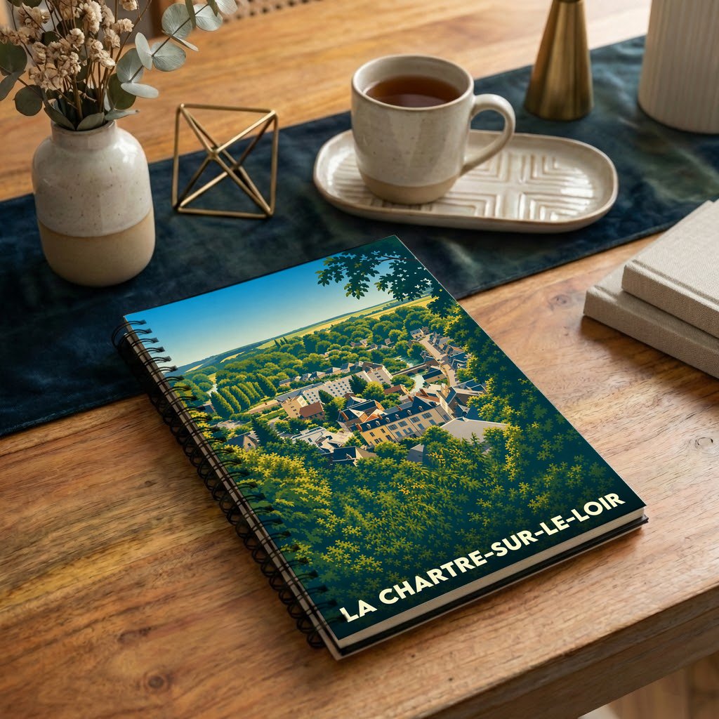 Carnet à spirales souvenir de la ville de La Chartre-sur-le-Loir avec une illustration stylisée d'un village niché dans la verdure.
