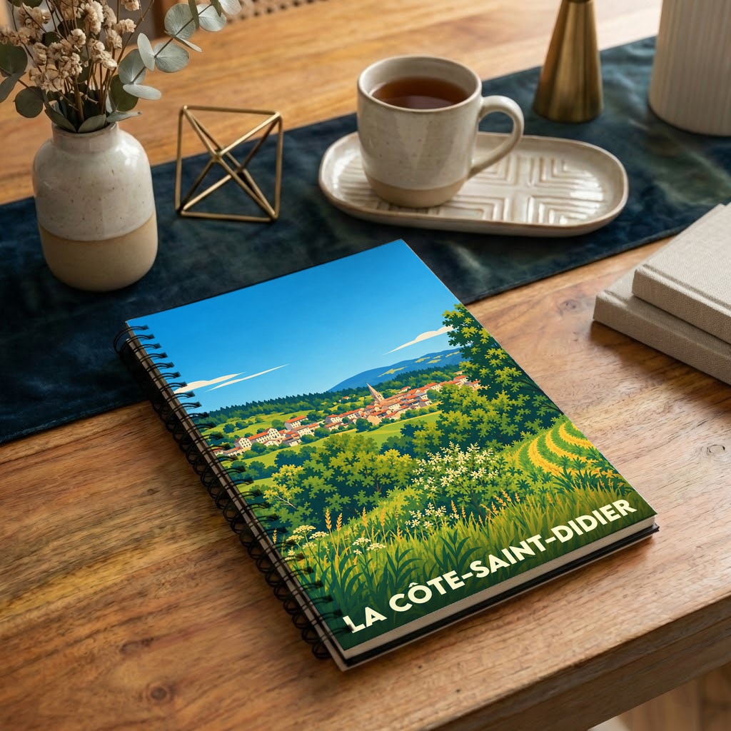 Carnet de notes souvenir de La Côte-Saint-Didier avec une illustration stylisée de ses paysages.