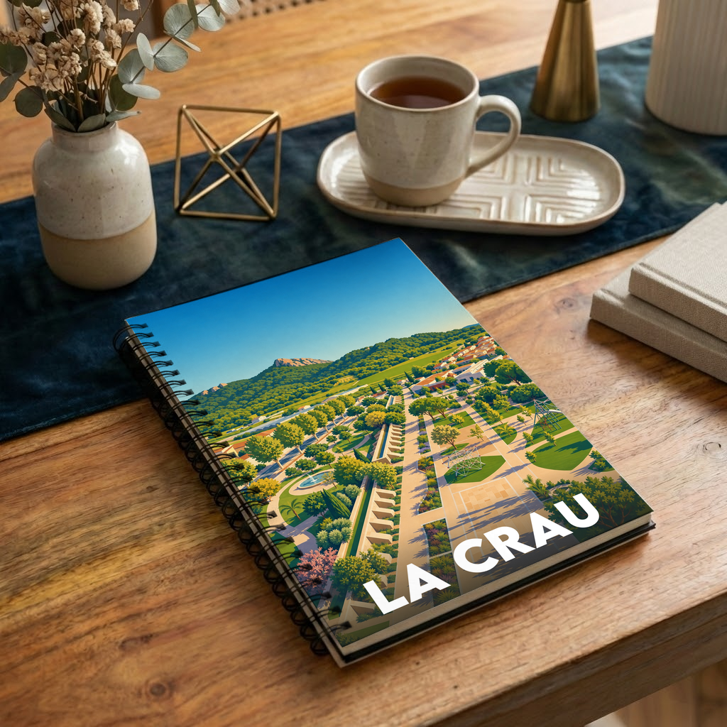 Carnet souvenir de la ville de La Crau avec une illustration de paysage stylisée.