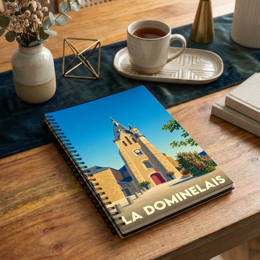 Carnet de notes à spirales souvenir de la ville de La Dominelais avec une illustration stylisée de son église.