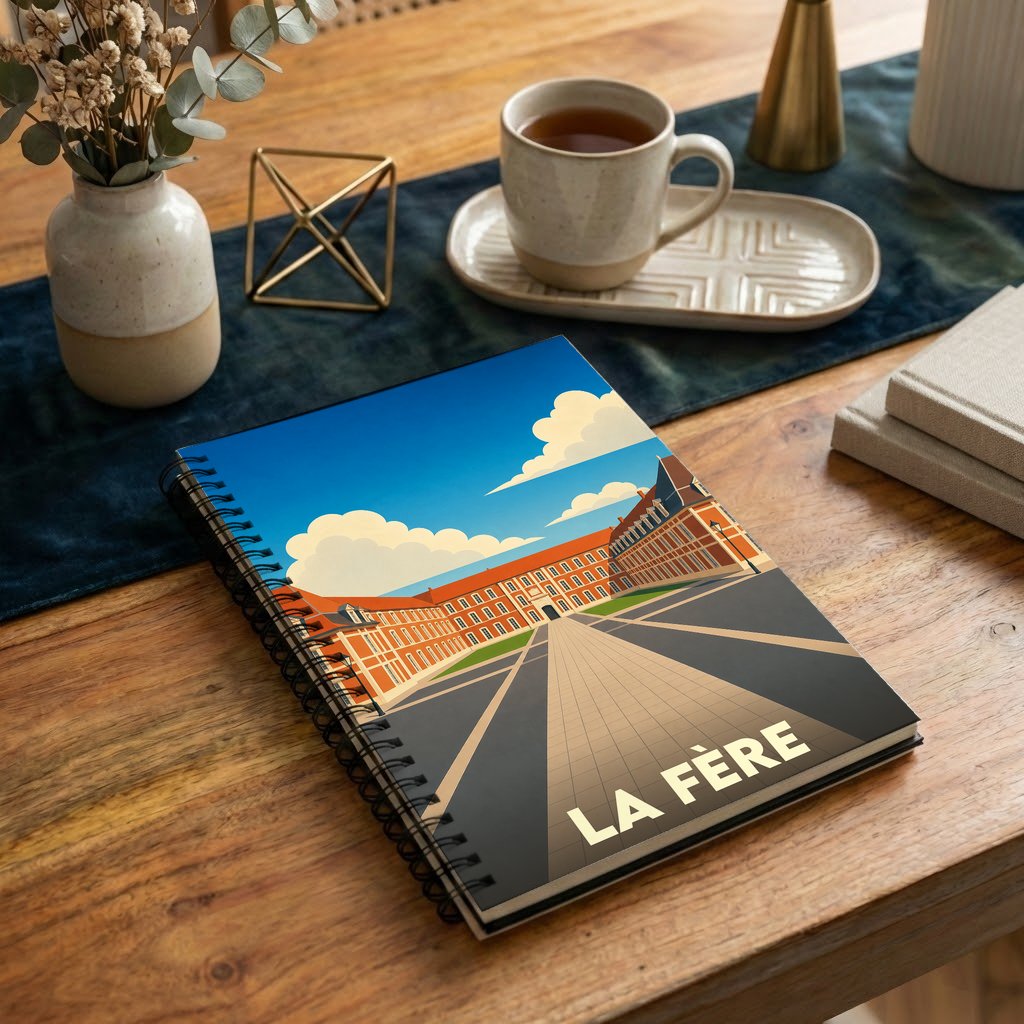 Carnet à spirales souvenir de la ville de La Fère avec une illustration stylisée de son patrimoine architectural.