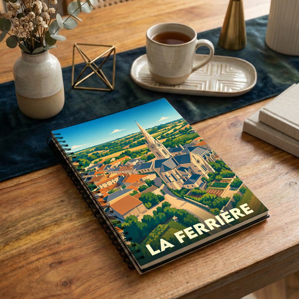 Carnet souvenir de la ville de La Ferrière avec une illustration stylisée.
