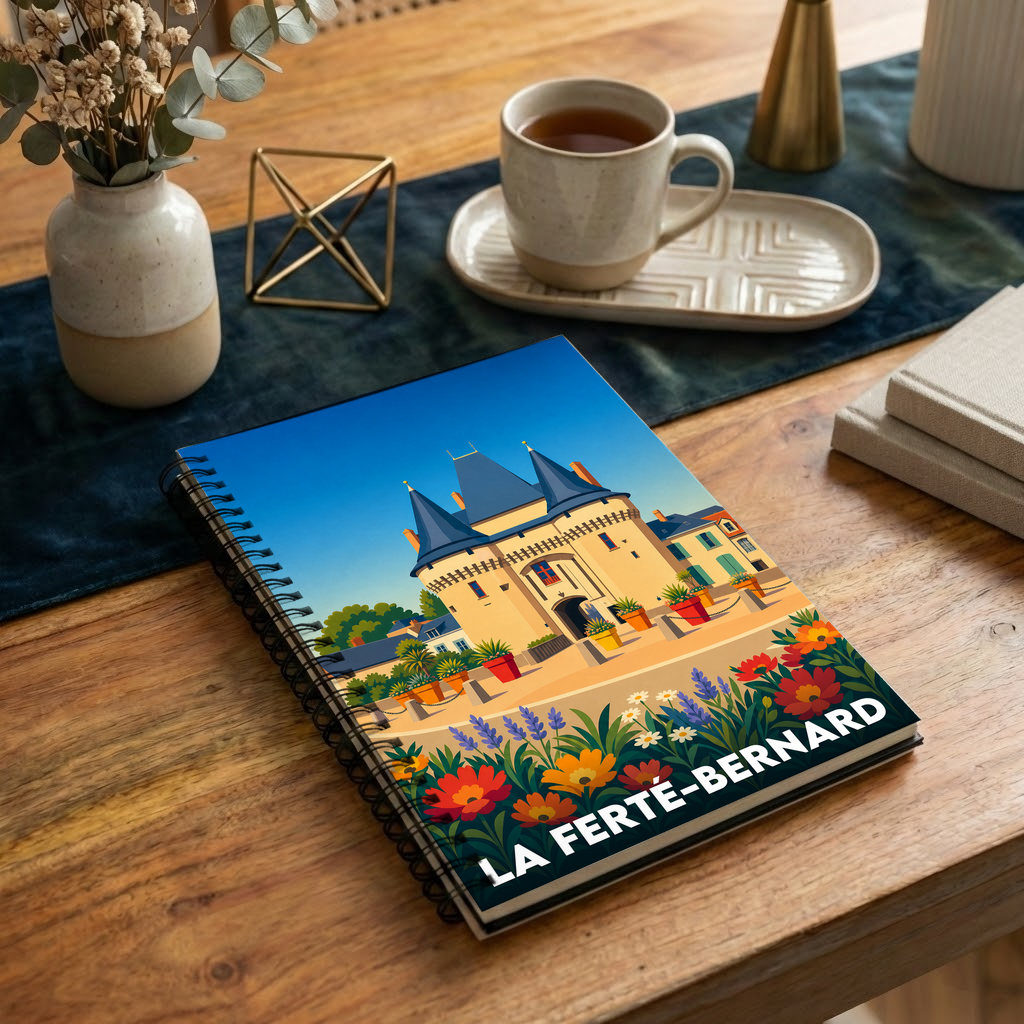 Carnet à spirale souvenir de la ville de La Ferté-Bernard avec une illustration stylisée et colorée.