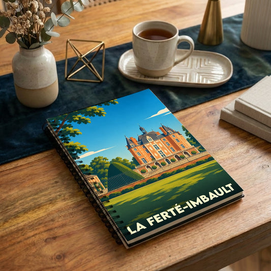 Carnet à spirales souvenir de la ville de La Ferté-Imbault avec une illustration stylisée de son château.