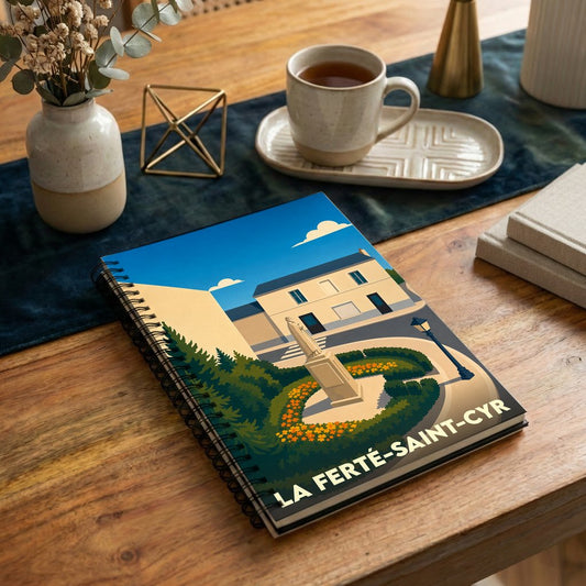 Carnet souvenir de la ville de La Ferté-Saint-Cyr avec une illustration stylisée.