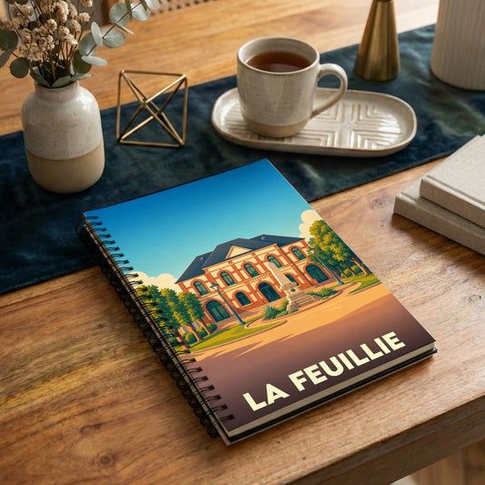 Carnet à spirales souvenir de la ville de La Feuillie avec une illustration stylisée d'un bâtiment historique.