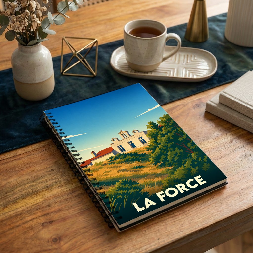 Carnet de notes souvenir de la ville de La Force avec une illustration stylisée d'un bâtiment historique dans la nature.
