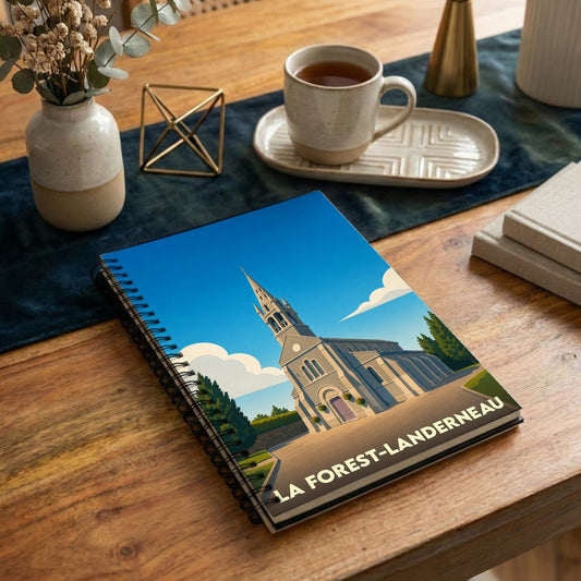 Carnet à spirales souvenir de la ville de La Forest-Landerneau avec une illustration stylisée de son église.
