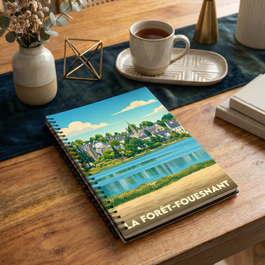 Carnet à spirales souvenir de la ville de La Forêt-Fouesnant avec une illustration stylisée.