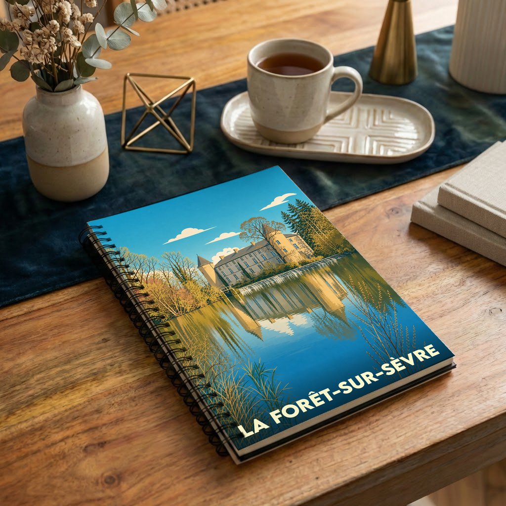 Carnet souvenir de la ville de La Forêt-sur-Sèvre illustré par un château se reflétant dans l'eau.