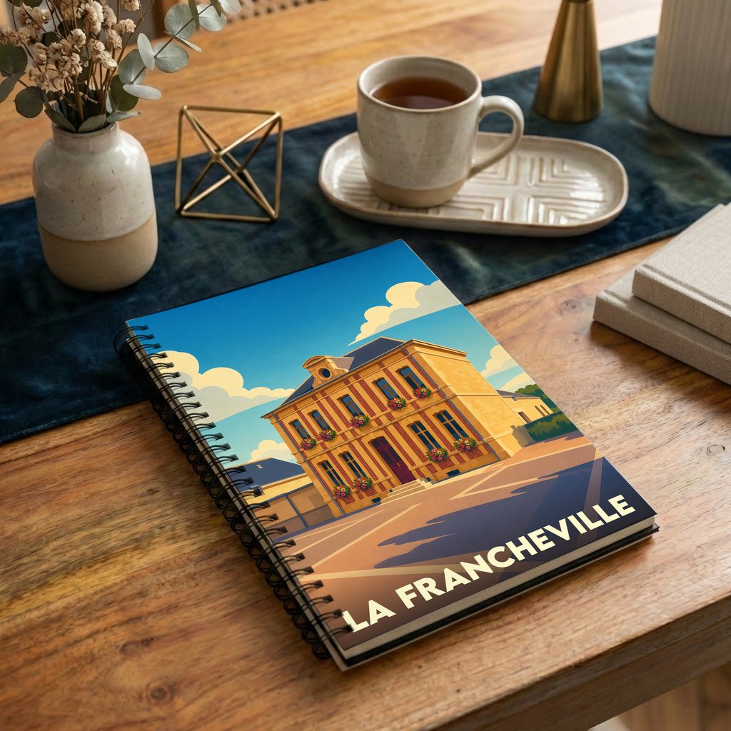 Carnet à spirales souvenir de la ville de La Francheville avec une illustration stylisée de son hôtel de ville.