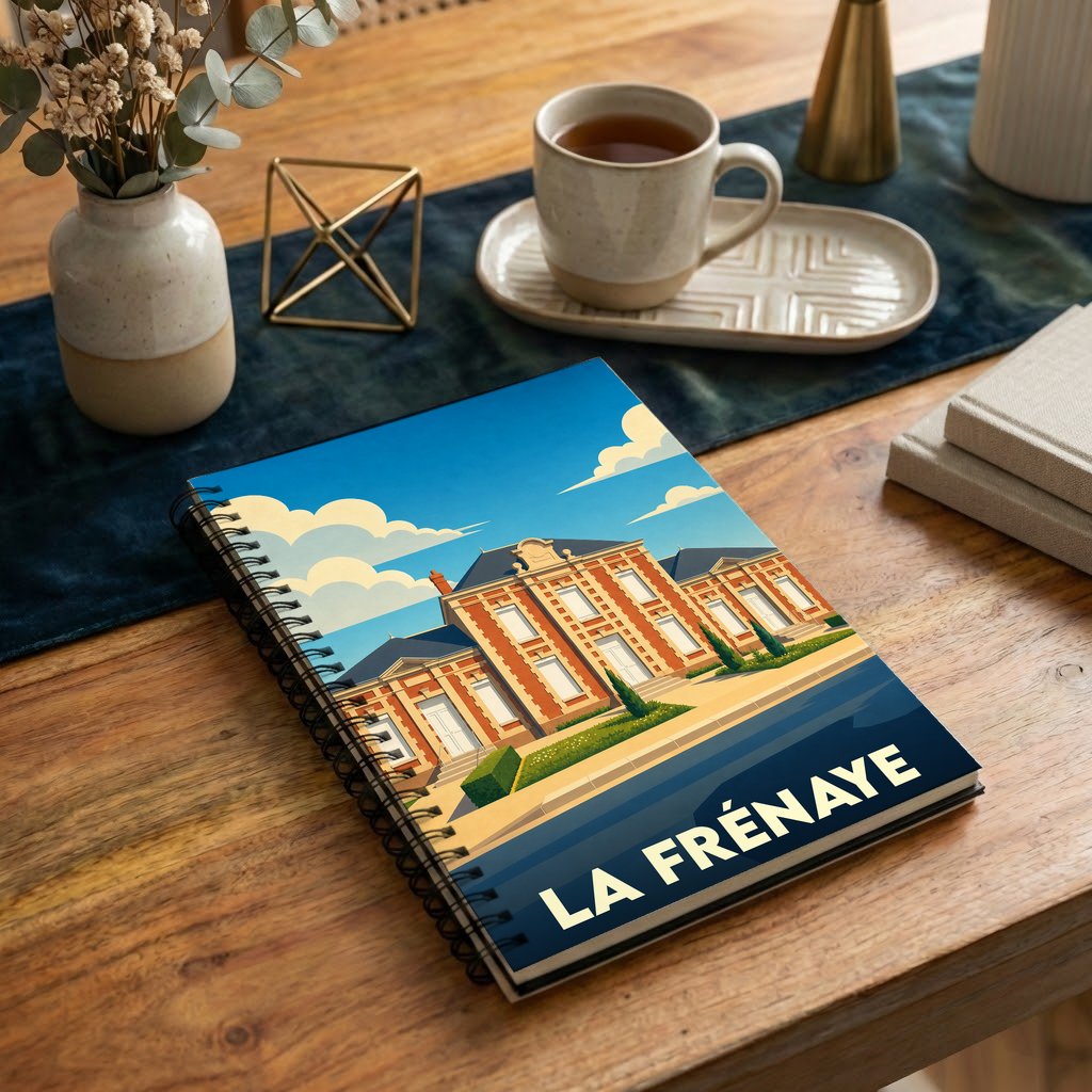 Carnet à spirales souvenir de la ville de La Frénaye illustré d'un dessin stylisé de sa mairie.