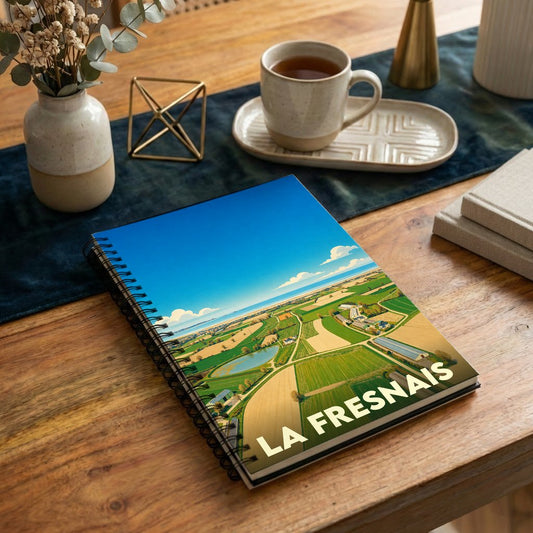 Carnet à spirales souvenir de la ville de La Fresnais illustré par une vue aérienne stylisée des paysages environnants.