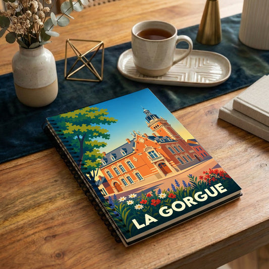 Carnet à spirale souvenir de la ville de La Gorgue avec une illustration stylisée de son hôtel de ville.