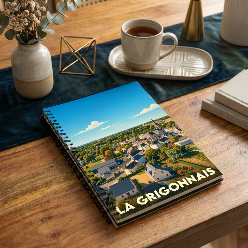 Carnet souvenir à spirales de la ville de La Grigonnais avec une illustration stylisée de son paysage urbain.