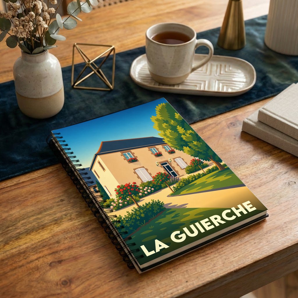 Carnet à spirale souvenir de la ville de La Guierche avec une illustration stylisée d'une maison fleurie.